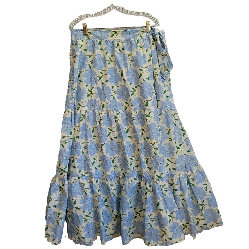 Who What Wear Blue Floral Wrap Maxi Skirt XL Cotton Tiered Lightweight Summer